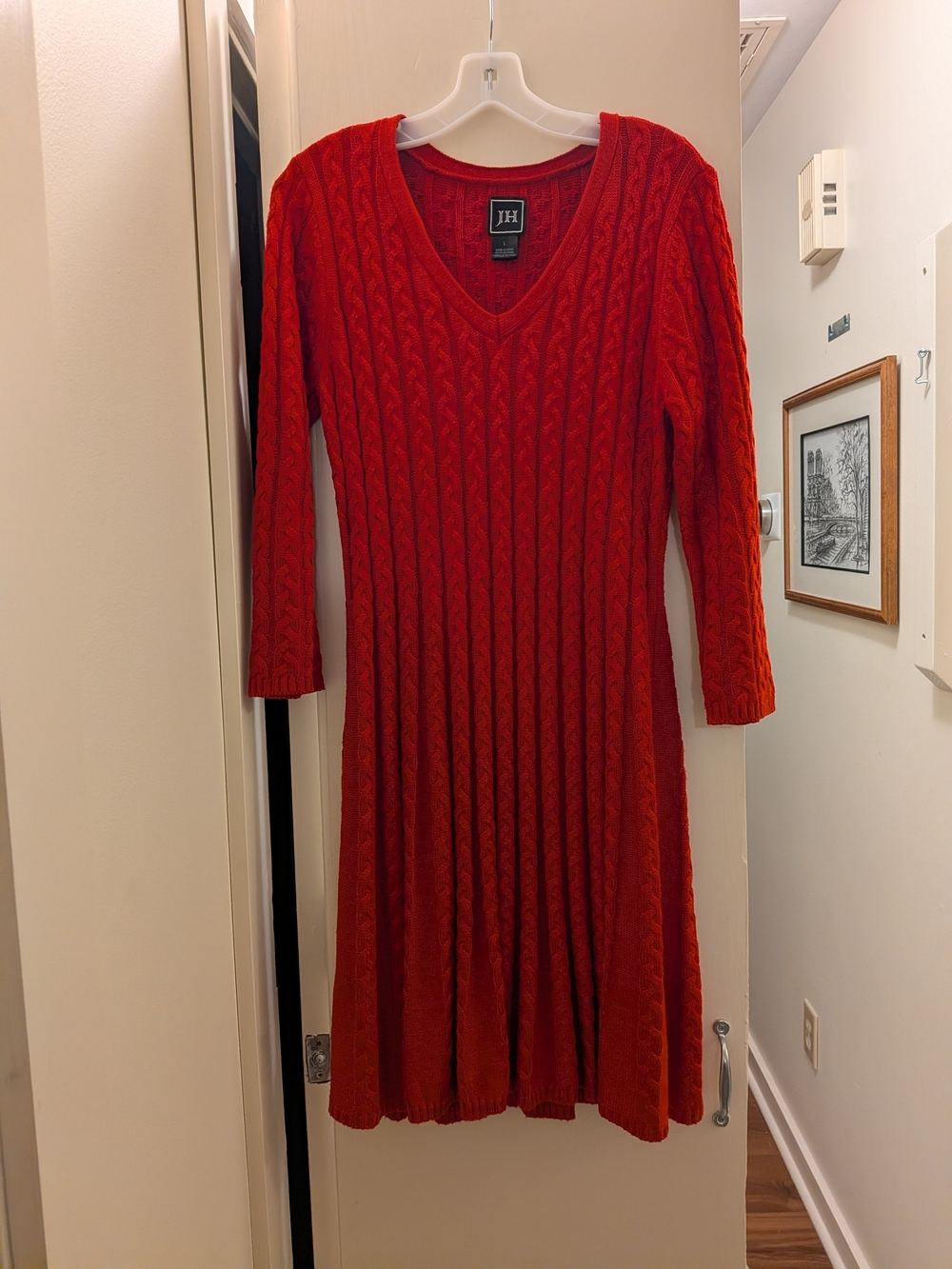 JH Cable-Knit V-Neck Red Sweater Dress Large